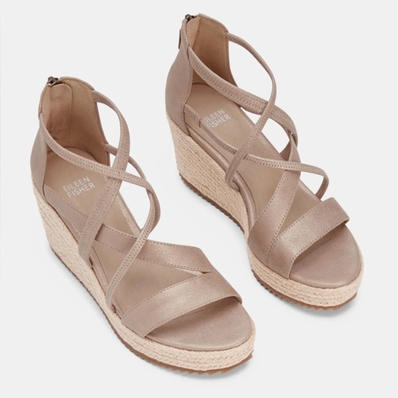Eileen Fisher Wanda Tumbled Nubuck Espadrille Wedges Crisscross Straps - Picture 1 of 8